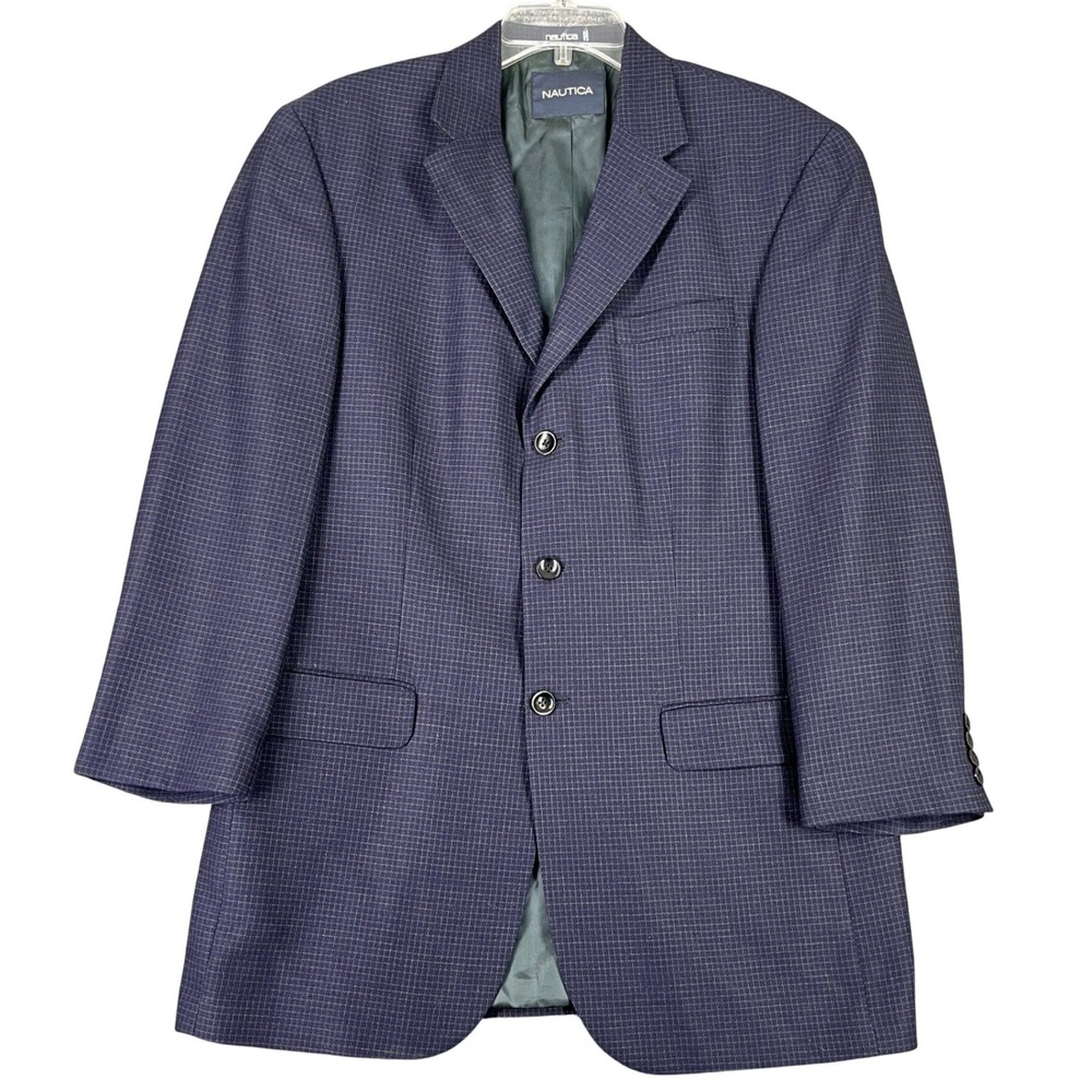 Nautica Wool Blazer Sport Coat Men 42 Micro Check 3-Button Business Professional